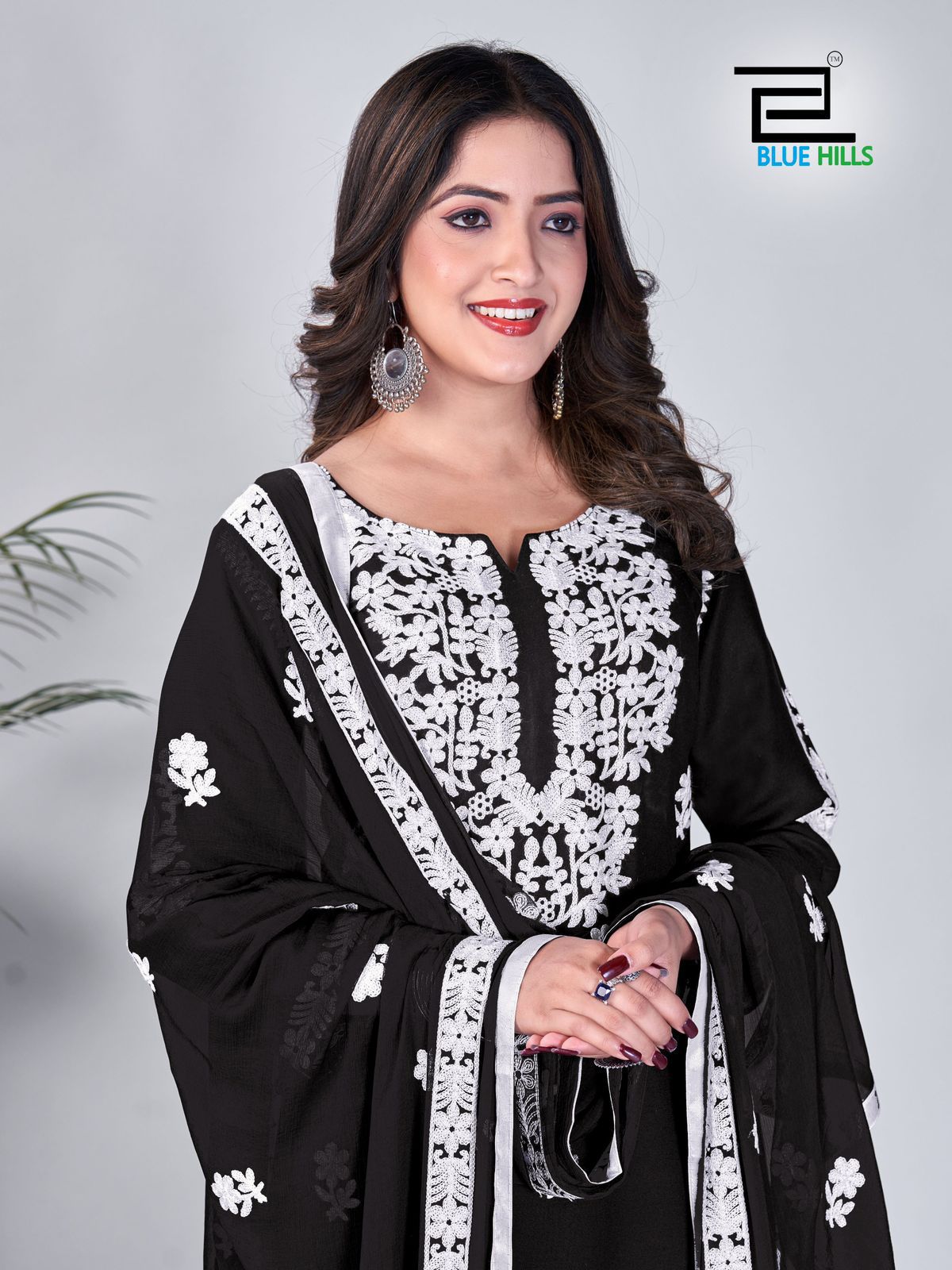 Black And White By Blue Hills Thread Work Rayon Kurti With Bottom Dupatta Wholesale Shop In Surat